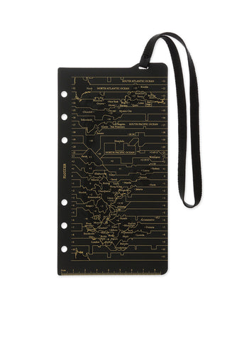 Bible-size notebook with elastic band, black cover with gold map print and side holes