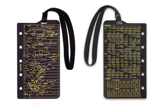 Set of two dark circuit-printed bands with black straps and button holes