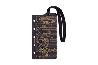 Dark circuit-printed band with black hanging strap and button holes