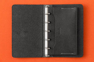 PLOTTER leather card case mini-5, open with card slots and metal rings, black