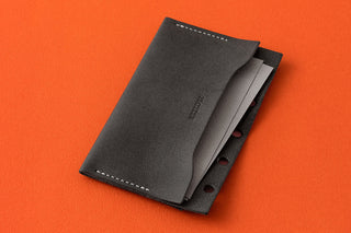 PLOTTER mini-5 leather card case, black, folded front with card pocket and stitching