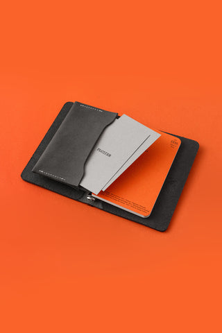 PLOTTER leather card case mini-5, open with card sleeves and inner slots, black