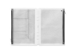 PLOTTER A5 fastener case open flat, gray perforated mesh pages on both sides