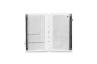 White fastener case opened, two perforated pockets and central ring bar