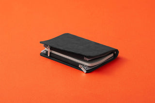 Black mini fastener case with wrap cover and metal corner clips