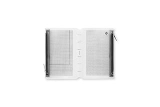 White mini fastener case open, showing two grid mesh panels and center rings
