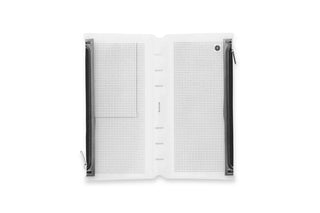 Open narrow fastener case with white-gray perforated panels and black side rails