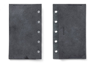 Dark gray leather card case mini, front and back views with snap holes
