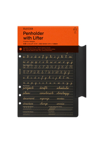 PLOTTER A5 leather penholder with lifter, dark cover with gold title and checklist
