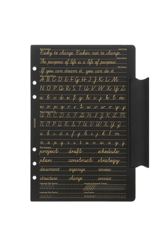 A5 leather penholder with lifter, dark cover with gold cursive notes and lines
