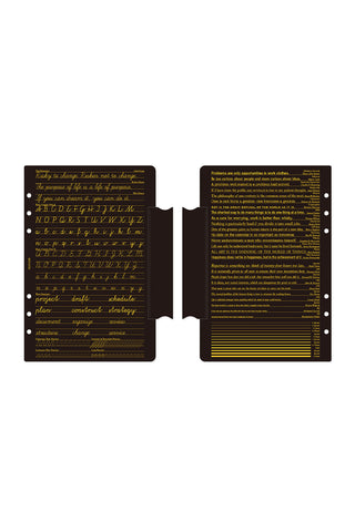 Open A5 leather penholder with lifter, two dark pages with gold writing and hinge