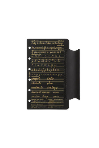 PLOTTER mini leather penholder with lifter, black leather with yellow script lines