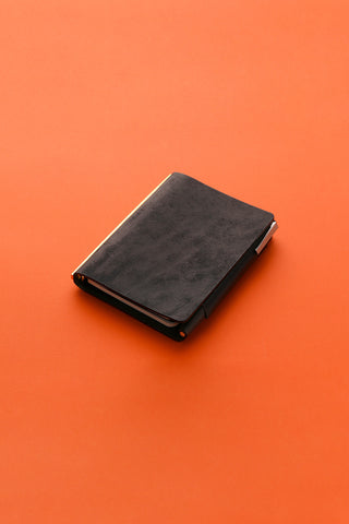 PLOTTER mini leather penholder with lifter, black folded leather cover