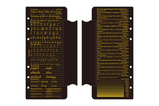 Open narrow leather penholder, dark panels with gold printed lettering and numbers