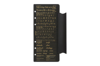 Closed narrow leather penholder with lifter, dark cover and gold cursive script