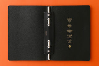 Black leather A5 binder with metal ring bars and inner printed panel