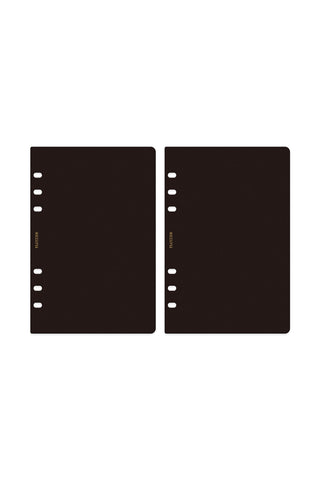 Two black A5 ring-punched insert cards with side hole rows and gold label