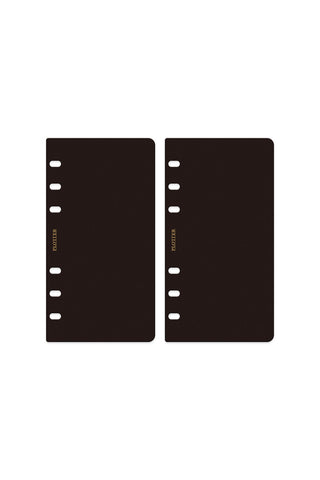 Two black Bible-size planner covers with ring-punch holes along the side