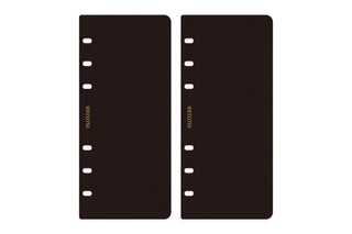 Two black narrow lifter cards with white punch holes and vertical label strip