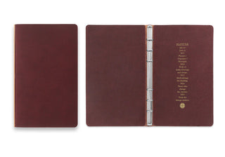 Red-brown leather binder opened, showing metal rings and embossed text