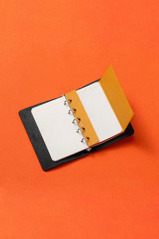 Mini-5 size project manager notebook with black cover, open with rings and white pages