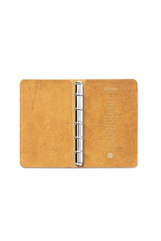 PLOTTER beige leather 5-ring binder mini 5-size open view, silver ring mechanism