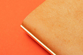 PLOTTER beige leather binder close-up of spine edge and page thickness