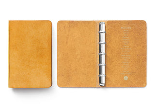 PLOTTER beige leather 5-ring binder mini 5-size, closed and open views side-by-side