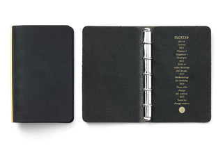 Black mini leather 5-ring binder open and closed, metal rings visible