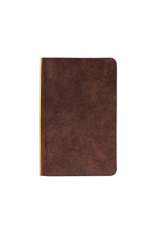 Brown leather mini 5-ring binder with rounded cover and smooth texture