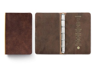 Brown leather mini 5-ring binder open with five metal rings and printed page list