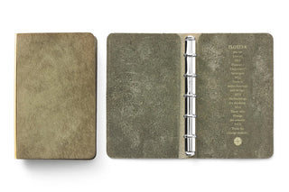 Green leather mini 5-ring binder, left cover closed and right cover open with rings