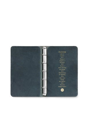 PLOTTER mini leather binder open view, silver 5-ring metal mechanism
