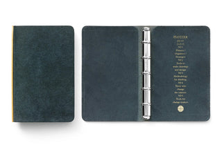 Navy mini leather 5-ring binder, closed and open with rings
