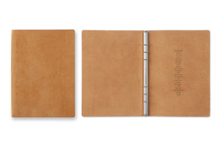 Beige leather A5 6-ring binder open, metal rings and back cover text.