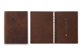 PLOTTER Pueblo A5 6-ring leather binder, brown, open view with ring mechanism