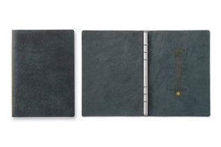 Navy leather A5 binder with 6-ring spine, shown open and closed.