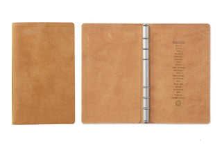 Beige leather 6-ring binder, front view and open view