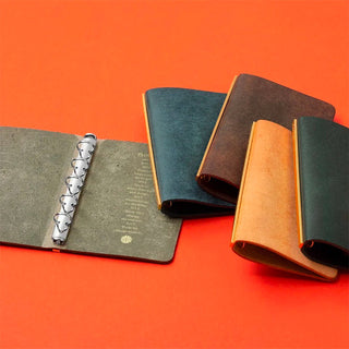 Set of mini leather binders: olive green, dark green, and brown with metal rings