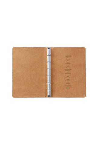 Beige mini leather 6-ring binder, open view with metal rings