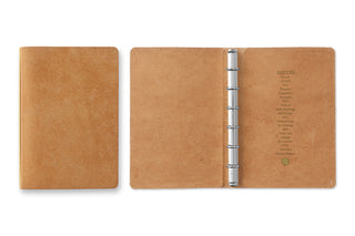 Two mini leather binders: closed beige and open beige with metal rings