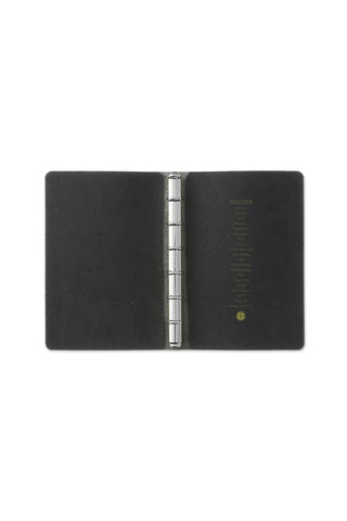 Open black mini leather 6-ring binder with metal ring mechanism