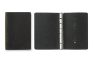 Black mini leather 6-ring binder opened flat, metal ring visible