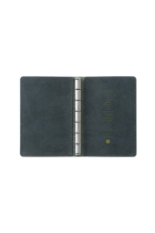 Dark navy 6-ring leather binder mini, open with metal rings centered