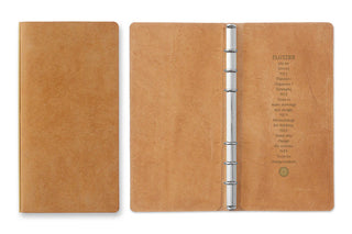 Beige leather narrow binder with silver 6-ring spine and back cover pocket