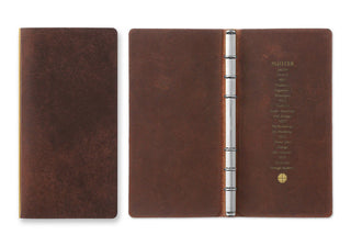 Narrow brown leather 6-ring binder shown open and closed with metal rings