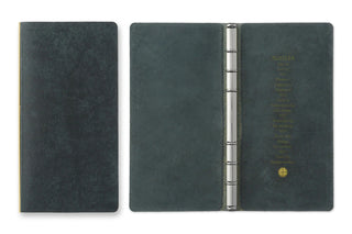 Navy narrow leather binder open, showing metal ring spine