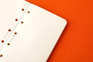 Close-up of white dot-grid memo pages with punched holes along the binding edge