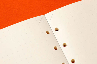 5mm dot grid memo pad refill, close-up of page edge punch holes and stitched seam