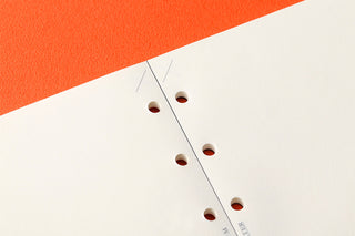 Close-up of punched holes along the memo pad spine on white refill pages